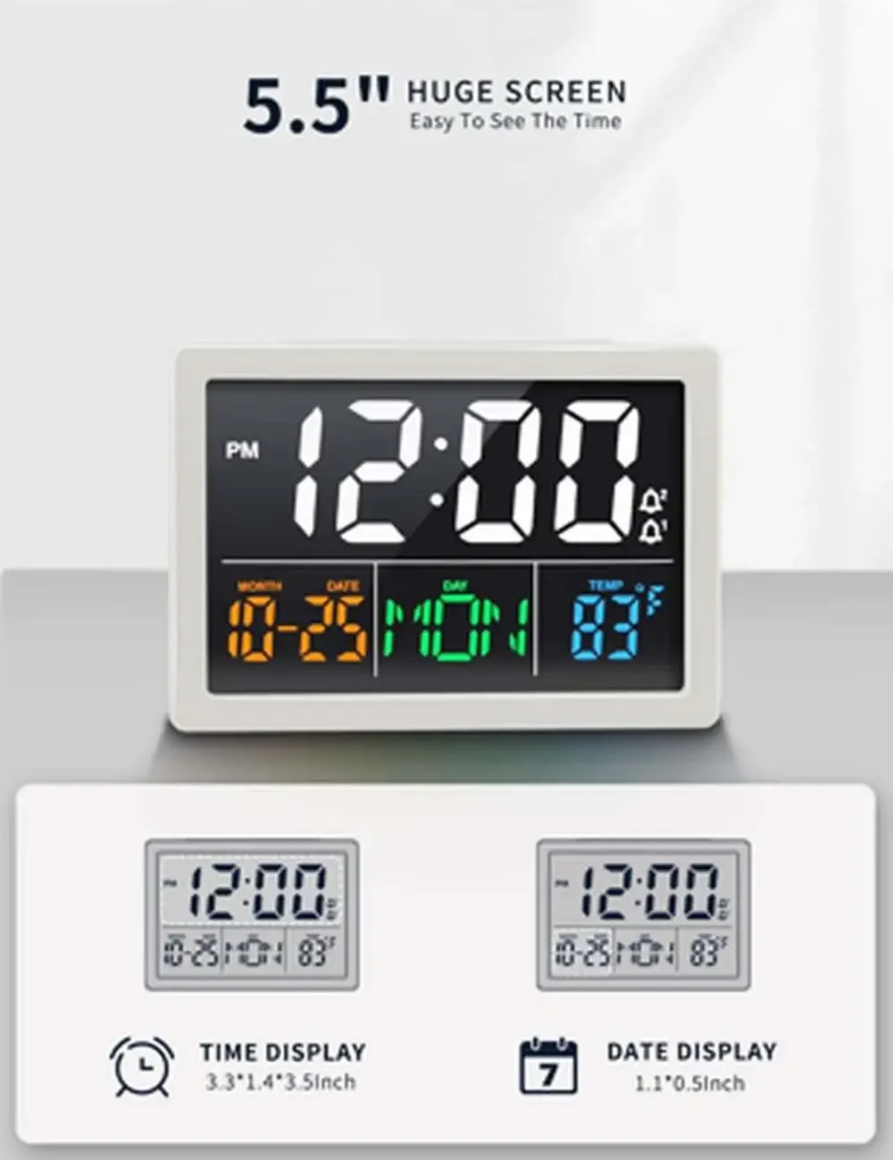 Digital Alarm Clock with Date and Temperature, 5.5 Inch HD Display, Dual USB